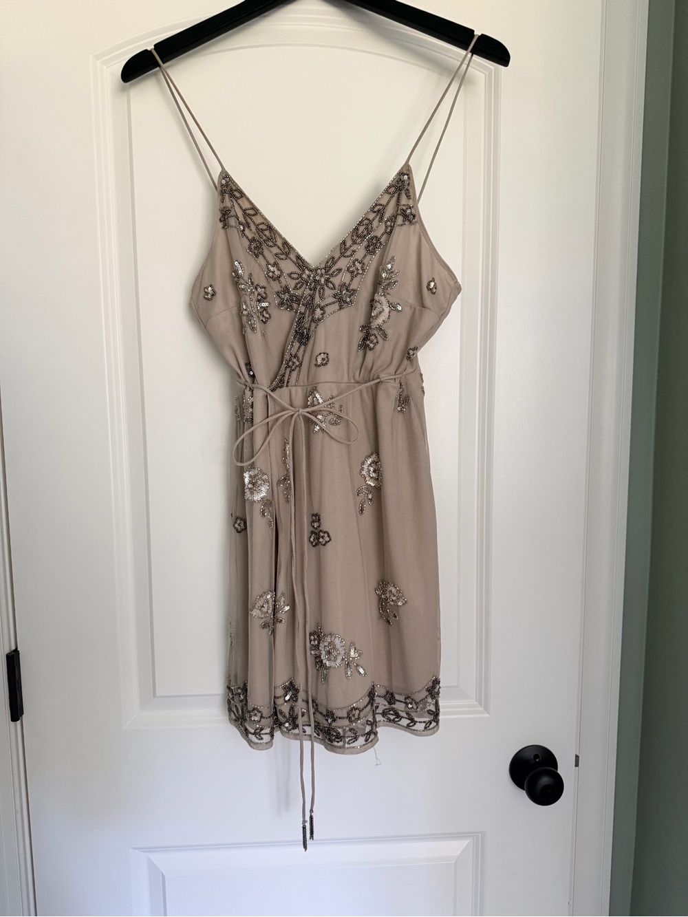 Altar'd State Taupe Beaded Spaghetti-Strap Mini Dress